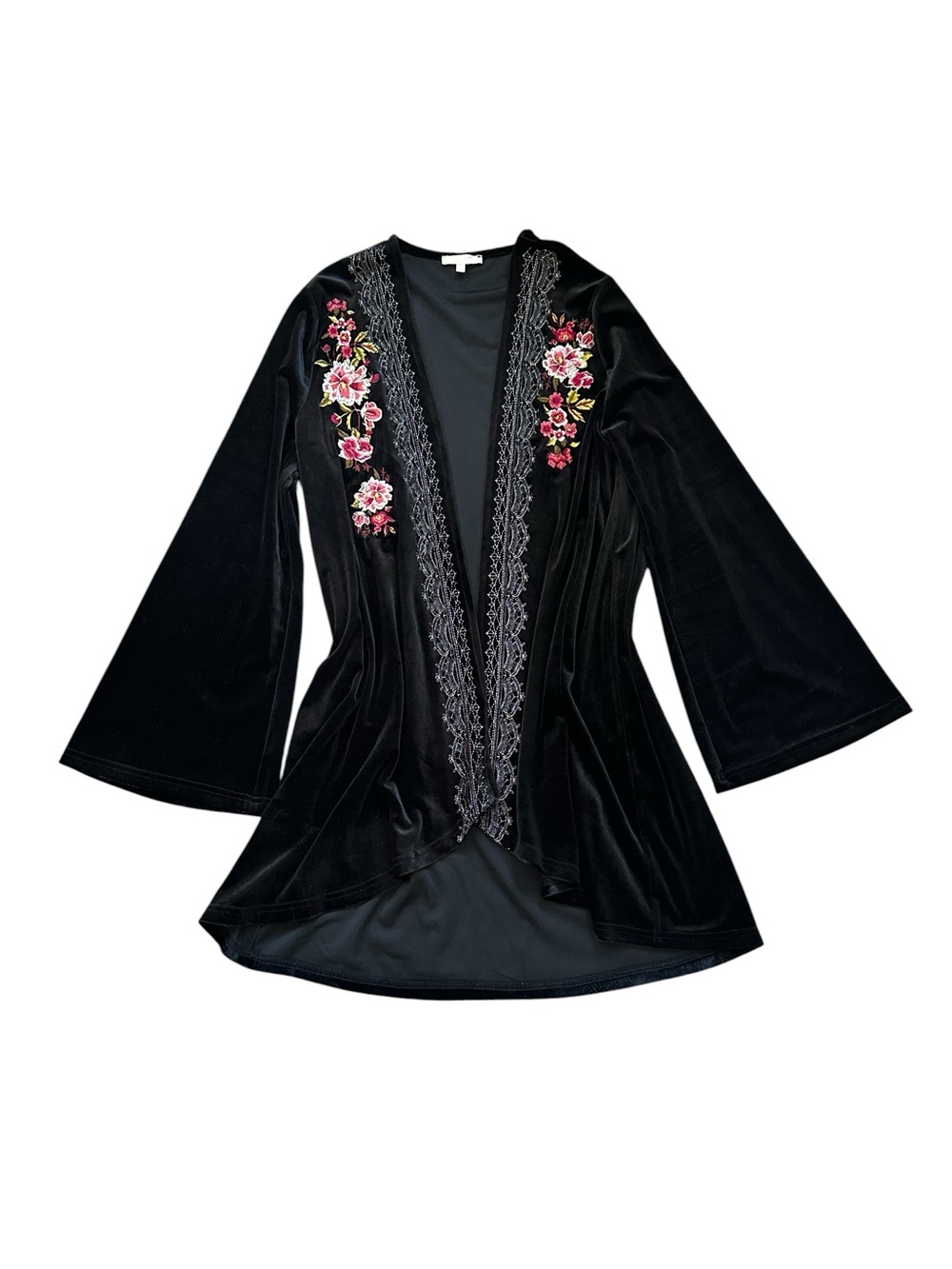 Mystree Black Velvet Floral Embroidered Kimono Sweater Open Front Whimsygoth